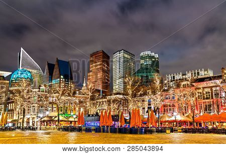 Night Cityscape Of The Hague From Het Plein Square. The Netherlands