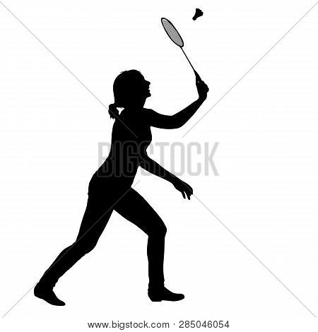 Black Silhouette Of Female Badminton Player On White Background