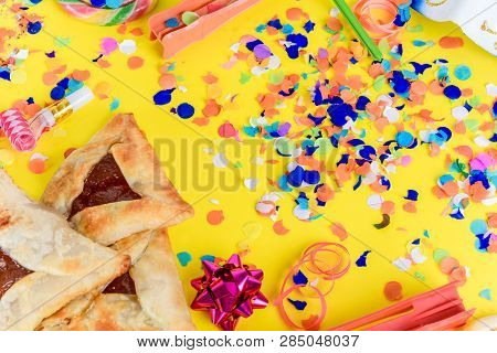 Purim Background With Party Costume And Hamantaschen Cookies