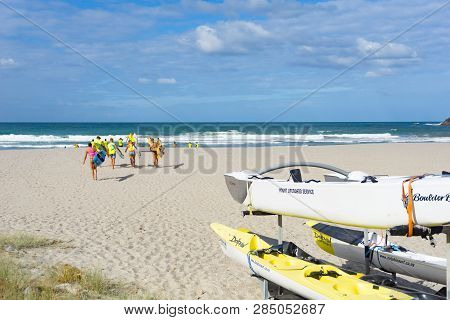 Mount Maunganui New Zealand - February 8 2019: Members Mount Maunganui Surf Lifesavers Club Head Dow