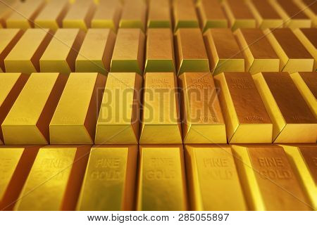 Gold Bars Close Up. Concept Of Success In Business And Finance. 3d Rendering
