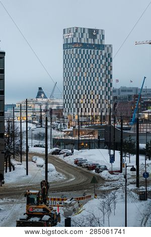 Editorial 02.02.2019 Helsinki Finland, View Of Silja Europa At Port And The Tall Clarion Hotel Build