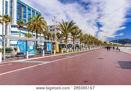 Nice, France - March 7, 2018: Beautiful View Of La Croisette Promenade