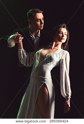 The Feeling Of Being In Love. Theatre Actors Miming Through Body Motions. Mime Man And Woman Act In 