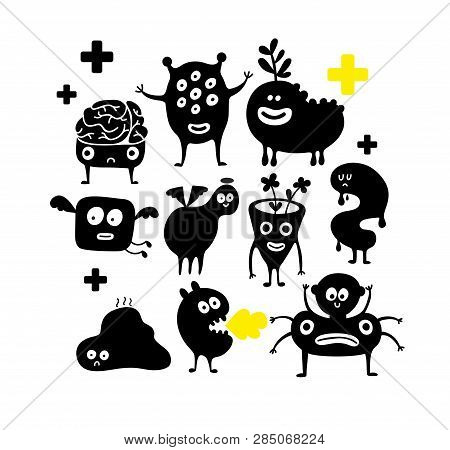 Set Of Halloween Black Monster Silhouettes Isolated On White Background.