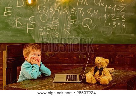 First School Day. Little Child Ready For First School Day. Boy Use Laptop Computer At First School D