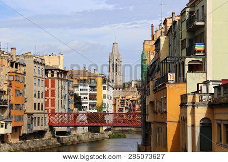 Colorful Houses And Eiffel Bridge (pont De Les Peixateries Velles), River Onyar, Basilica Of Sant Fe