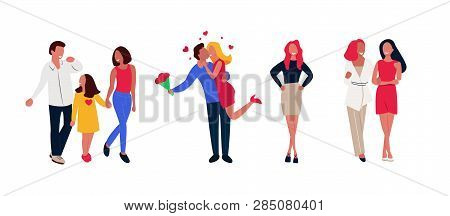 Set Of Women And Men Congratulating Beloved One. International Women's Day Celebration With Friend O