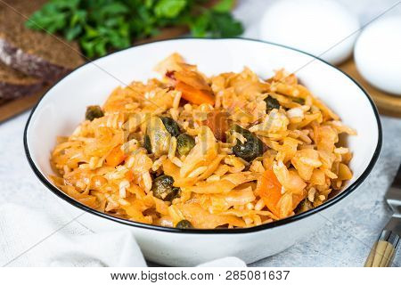 Cabbage Stew With Rice And Vegetables. Meatless Vegan Dish.