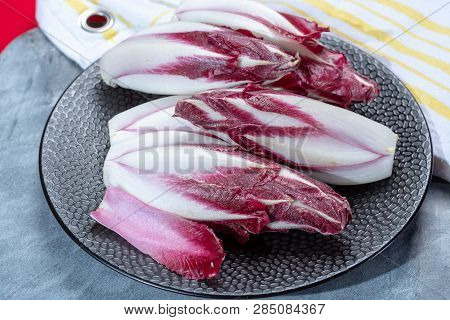 Group Of Fresh Red Radicchio Chicory Or Belgian Endive Vegetables, Also Known As Witlof Salade