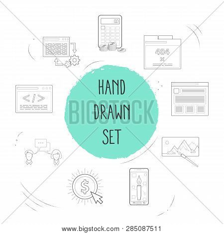 Set Of Web Design Icons Line Style Symbols With Illustration, Back-end Development, Coding And Other