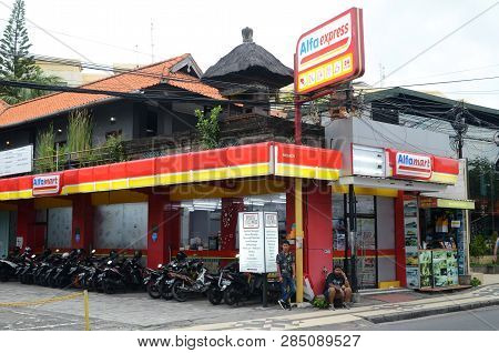 Bali, Indonesia- 14 Feb, 2019: Entrance Of A Alfa Mart Grocery Shop. Alfa Mart Is A Indonesian Retai