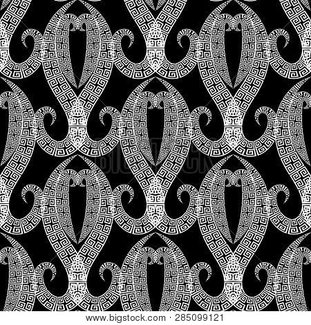 Arabesque Style Ornamental Greek Vector Seamless Pattern. Oriental Black And White Floral Background
