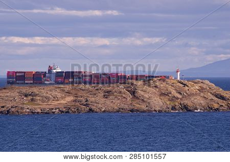 Trial Island, Juan De Fuca Strait, September 16, 2018: Loaded Container Ship Looks Closer Than It Is
