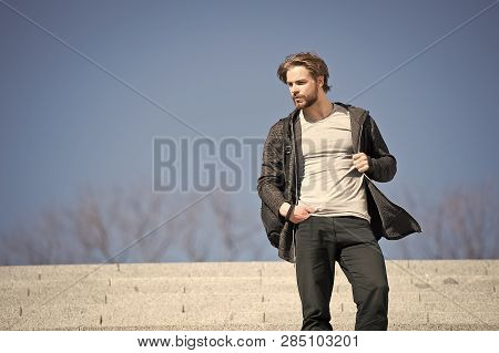 One More Step. Man Handsome Guy Enjoy Morning Walk Blue Sky Background Copy Space. Morning Fill Ener