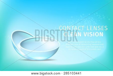 Daily Contact Lenses On Light Blue Gradient Background With Copy Space. Clean Vision. Close Up View.