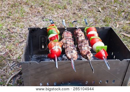 Barbecue Skewers With Meat And Vegetables For Two. Bbq Picnic Background
