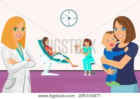 Woman Gynecological Examination Flat Illustration. Doctor In White Coat And Mother With Baby. Women 