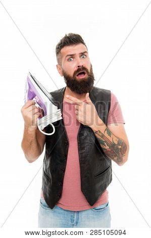 Man Bearded Hipster Hold Electric Ironing Tool. How Iron Clothes Correctly. Guy With Iron On White B