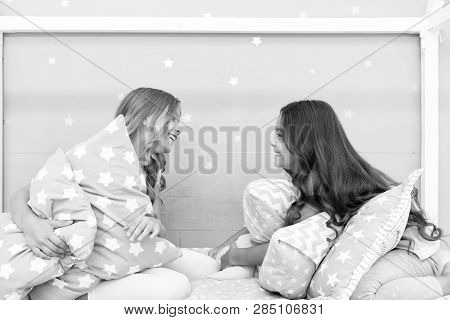 Sleepover Time For Pillow Fight. Girls Sleepover Party Ideas. Soulmates Girls Having Fun Sleepover P