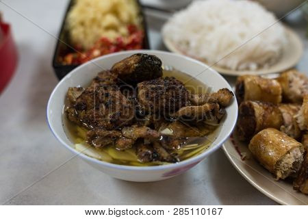 Traditional Vietnamese Bun Cha Meal With Soup, Meat And Fried Springrolls.