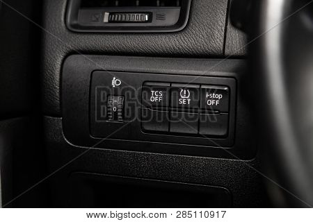 Novosibirsk, Russia - February 19, 2019:  Mazda Cx-5,close-up Of The Headlight Adjustment Buttons, T