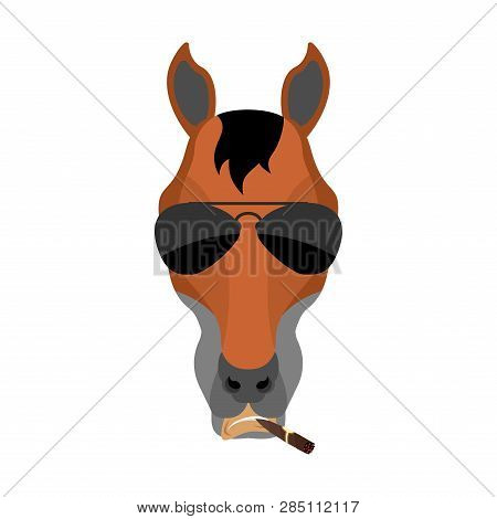 Horse Cool Brutal Serious Avatar Of Emotions. Steed Smoking Cigar Emoji. Hoss Strict. Vector Illustr