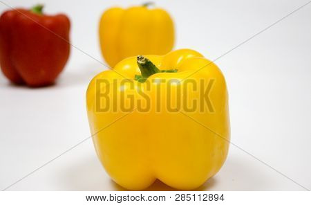 Bell Pepper Or Capsicum In White Background, Yellow, Red, Green Bell Pepper.