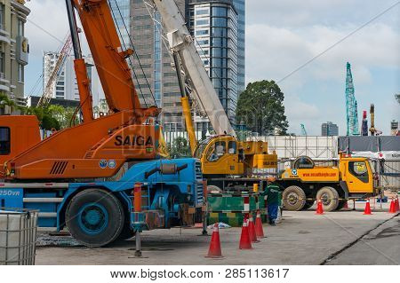 Ho Chi Minh City, Vietnam - August 24, 2017: Construction Site With Heavy Machinery In Ho Chi Minh C