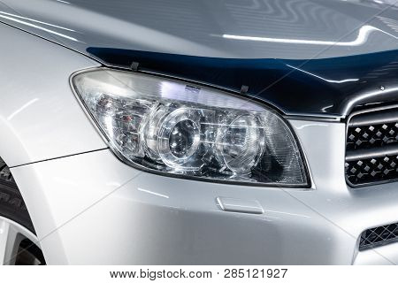 Novosibirsk, Russia - February 19, 2019:  Toyota Rav-4,close-up Of The Headlights. Photography Of A 