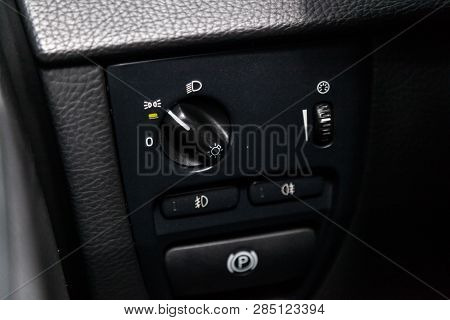 Novosibirsk, Russia - February 19, 2019:  Volvo Xc90,close-up Of The Headlight Adjustment Buttons. P