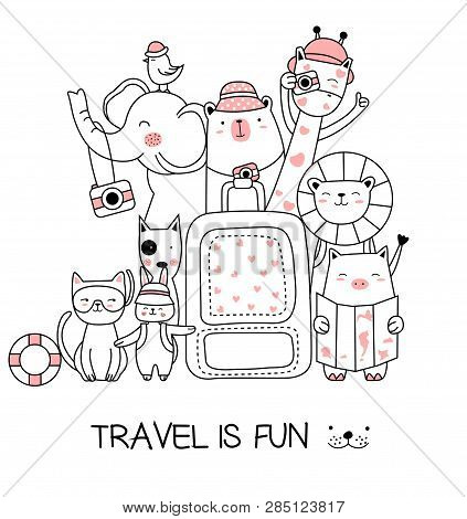 Cute Baby Animal With Travel Cartoon Hand Drawn Style,for Printing, T Shirt, Banner