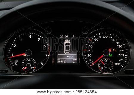 Novosibirsk, Russia - February 19, 2019:  Volkswagen Passat Cc,close-up Of The Dashboard, Speedomete