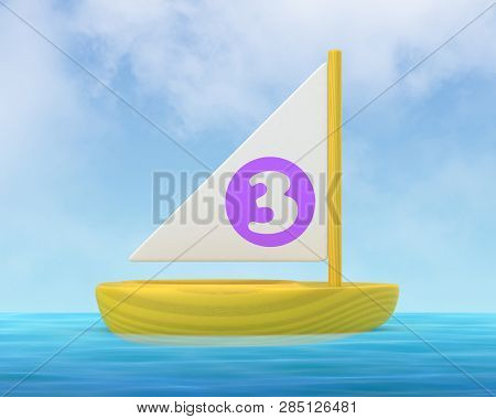 3d Rendered Yellow Wooden Toy Boat Sailing In The Sea Against A Blue Sky.