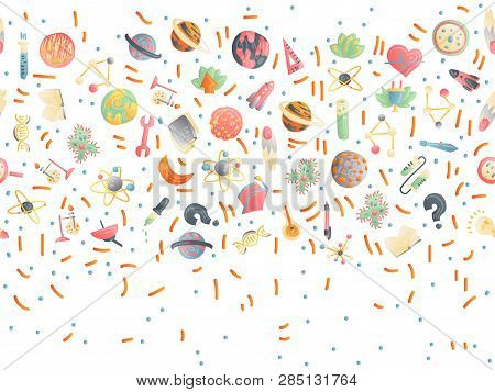 Cute Cartoon Back To School And College Fun Seamless Pattern With Colored School Supplies. Science T