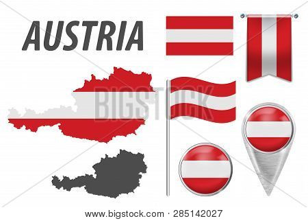 Austria. Collection Of Symbols In Colors National Flag On Various Objects Isolated On White Backgrou