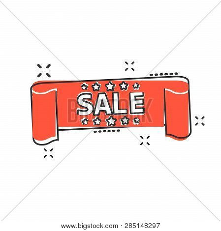 Vector Cartoon Sale Ribbon Icon In Comic Style. Discount, Sale Sticker Label Sign Illustration Picto