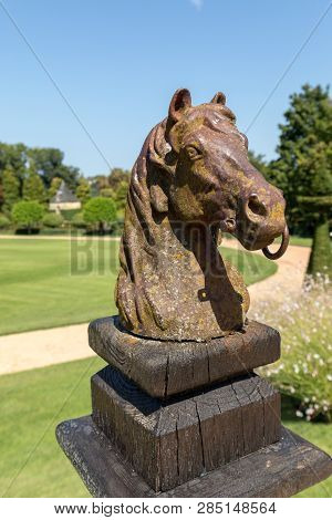 Horse Head Sculpture In The Picturesque Jardins Du Manoir D Eyrignac In Dordogne. France