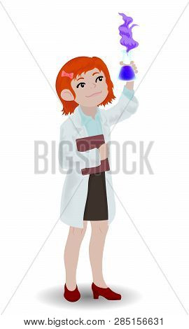 Children Illustration With A Girl Chemist. Kids And Proffessions Series. Vector Illustration