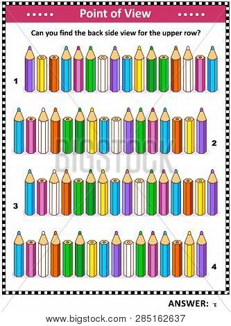 Iq, Memory And Spacial Skills Training Visual Puzzle With Colored Pencils: Find The Back Side View O