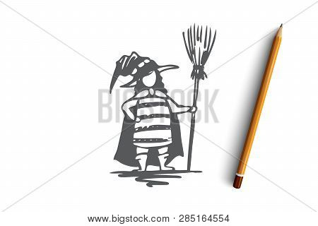 Halloween, Female, Costume, Hat, Broom Concept. Hand Drawn Woman In Halloween Costume With Broom Con