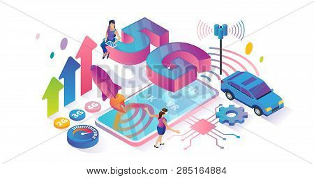 5g Speed Isometric Cyberspace And Tiny Persons Concept Vector Illustration. Smooth Abstract Internet