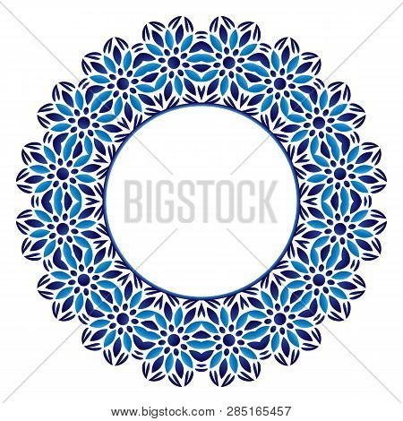 Ceramic Tile Pattern. Decorative Round Ornament. White Background With Art Frame. Islamic, Indian, A