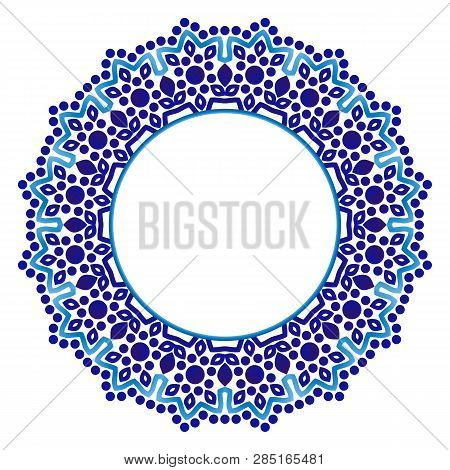 Ceramic Tile Pattern. Decorative Round Ornament. White Background With Art Frame. Islamic, Indian, A