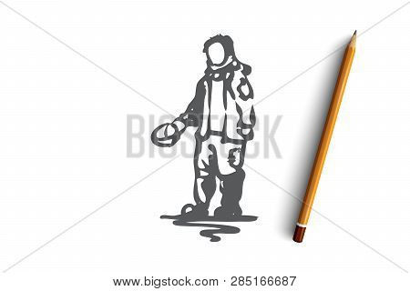 Beggar, Poor, Dirty, Problem, Tramp Concept. Hand Drawn Beggar Asking For Money Concept Sketch. Isol