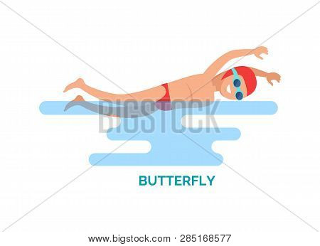Butterfly Stroke Swimmer Poster Vector. Man Moving Hands Symmetrically Using Dolphin Kick Method. St