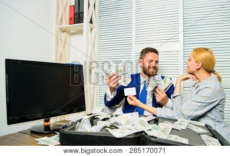 Businessman With Cash Bank Client. Office Manager Hold Bank Card. Man Business Owner Sit Office Pile