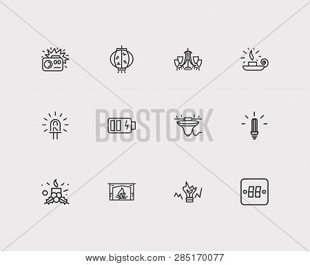 Lightning Icons Set. Cfl Lamp And Lightning Icons With Chinese Lantern, Broken Bulb And Wall Sconce.