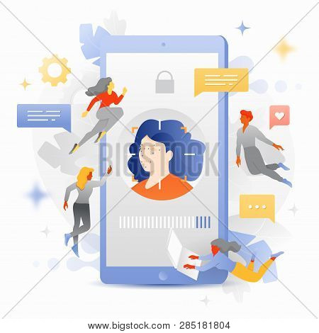 Light Skin Woman With Dots And Frame On Phone Screen Surrounded By Tiny People. Vector Facial Identi
