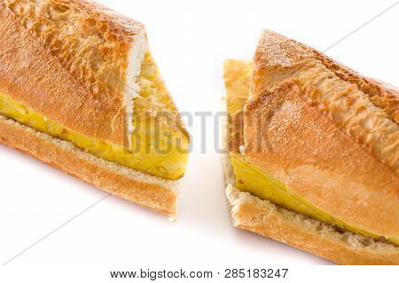Bocadillo De Tortilla Española. Spanish Potato Omelette Sandwich Isolated On White Background